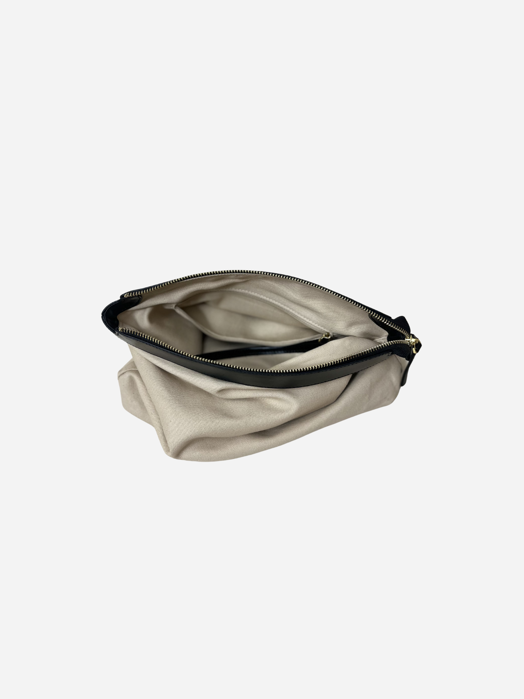 Beige pouch with a black zipper on a white background