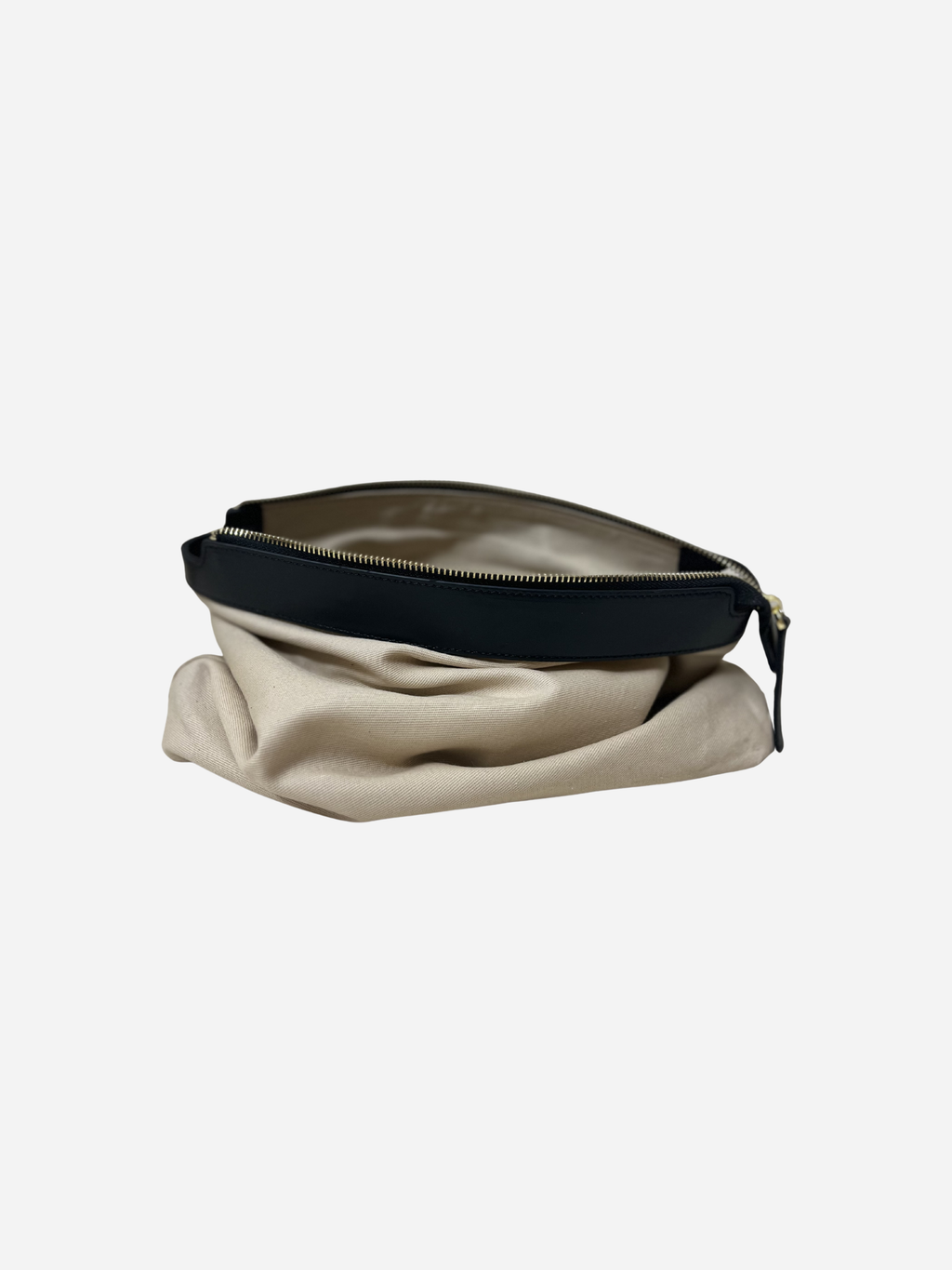 Beige pouch with black zipper on a white background